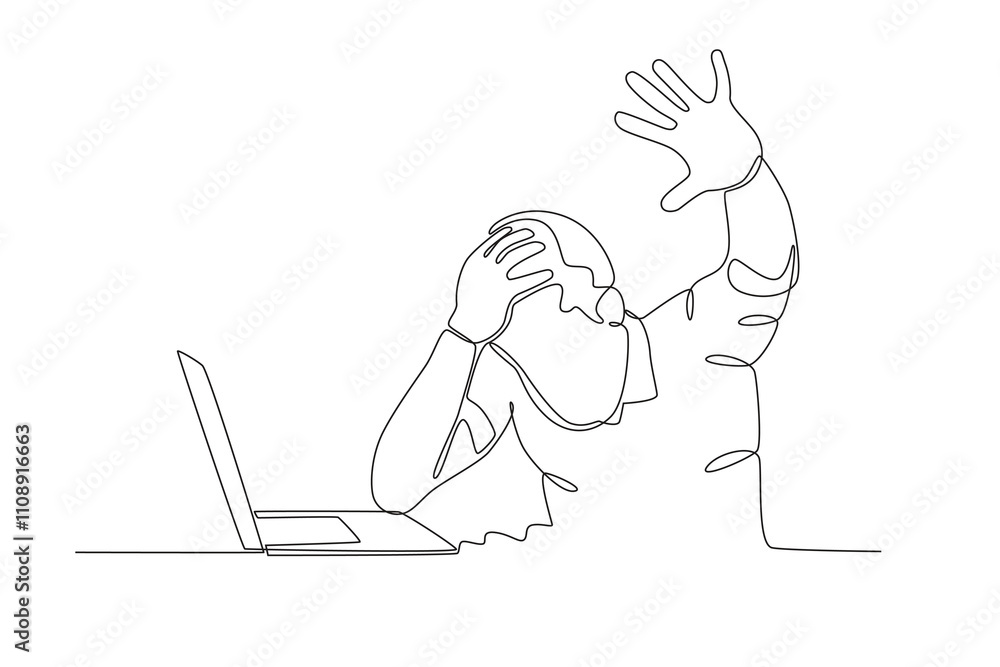 Fototapete single continuous line drawing of stressed employee while working in front of laptop. dynamic single