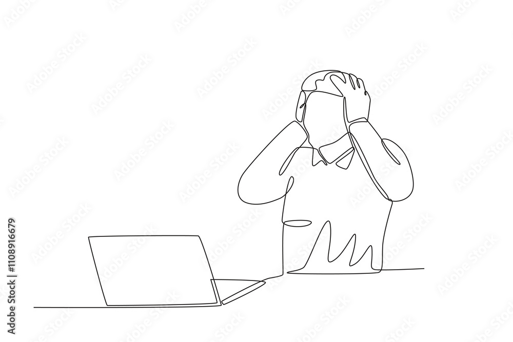 Fototapete single continuous line drawing of stressed employee while working in front of laptop. dynamic single