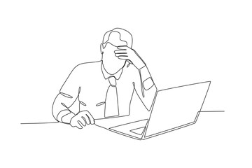 Single continuous line drawing of Stressed employee while working in front of laptop. Dynamic single line draw design graphic vector illustration.