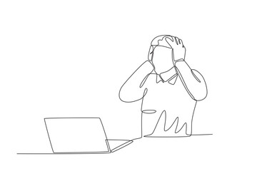 Single continuous line drawing of Stressed employee while working in front of laptop. Dynamic single line draw design graphic vector illustration.