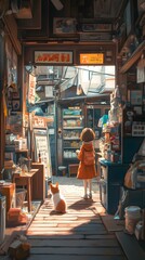 A young girl in an orange dress explores a charming alley filled with vintage shops.