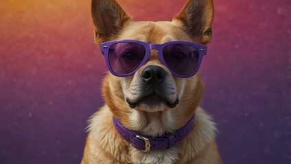 Stylish dog in purple sunglasses against a vibrant background.