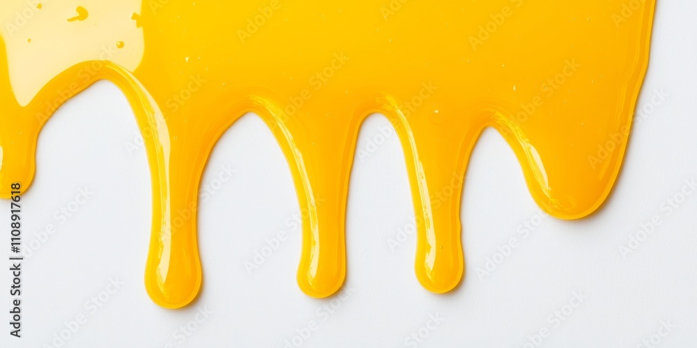 Poster a vibrant yellow substance drips in smooth streams, creating a glossy texture against a light backgr