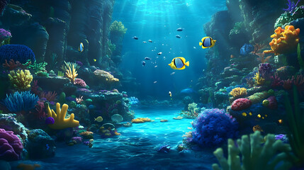 Naklejka premium Vibrant underwater scene with colorful coral reef, diverse fish, and sunlight beams.