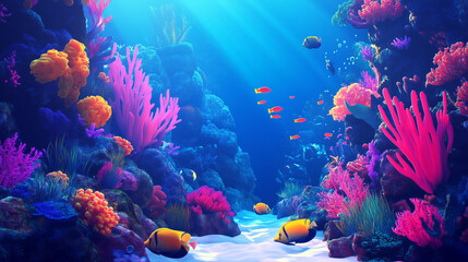 Vibrant underwater coral reef scene with colorful fish illuminated by sunlight