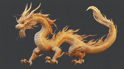 Fototapeta premium Majestic Golden Dragon with Flame-Like Features in Dynamic Pose