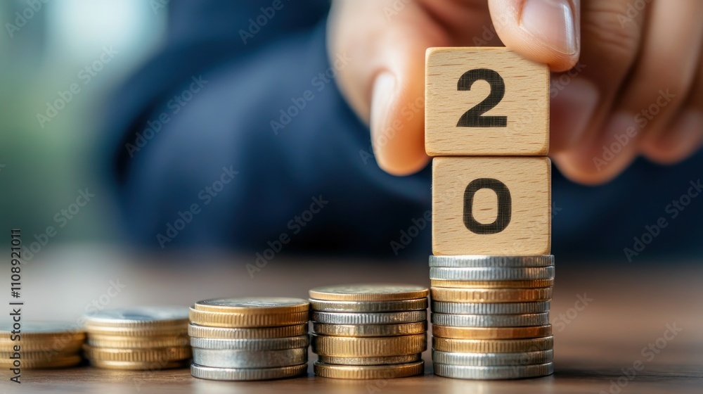 Poster stacked coins with wooden blocks showing the number 20