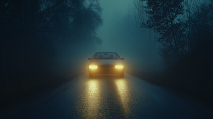 car on a dark, wet road in a foggy forest