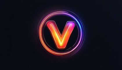 Neon Glow Letter V on a Circular Frame, Illuminated with Vibrant Colors Against a Black Background