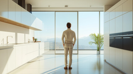 Real estate agent in modern kitchen with panoramic view