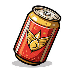Obraz premium Red and gold energy drink can tilting on a white background, featuring a prominent gold wing logo, creates a dynamic and energetic visual, ideal for advertising or branding purposes