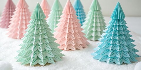 Colorful Pastel Paper Trees on White Background - Intricate Designs and High Depth of Field for Creative Displays