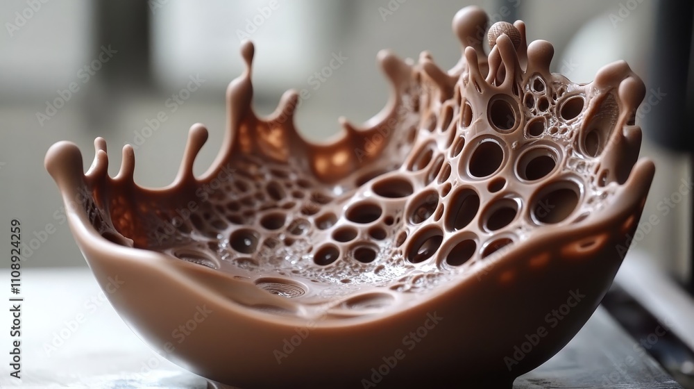 Poster chocolate splash. dynamic liquid crown shape. abstract form of cocoa drink with bubbles and drops.