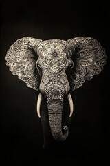 Obraz premium Elephant tattoo in white ink with mandala patterns on a dark black backdrop