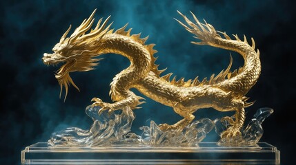 Fototapeta premium Majestic Golden Dragon Sculpture on Clear Base in Mystic Atmosphere