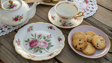 Elegant Drone Photography of a Floral Plate with Cream Tea Set and Cookies, Perfect for Afternoon Tea and Culinary Displays