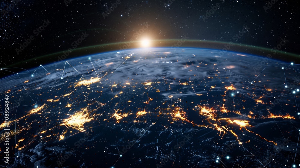 Fototapete planet with a network of lines connecting it to other planets. connections system and global datas e