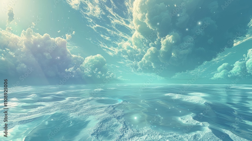 Poster blue sky with clouds and a large wave in the ocean, fractal horizons, abstract render of an alien se