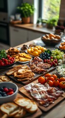 Obraz premium A vibrant spread of assorted fresh fruits and gourmet snacks on a rustic table.