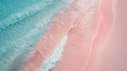 Fototapeta premium Top view of amazing pastel pink blue beach , copy space available, beautiful beach with pink water and pink sand, summer, water