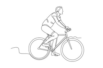 Single continuous line drawing of Man who enjoys cycling in the park. Dynamic single line draw design graphic vector illustration.

