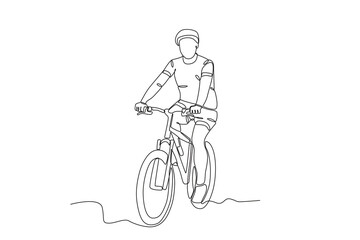 Single continuous line drawing of Man who enjoys cycling in the park. Dynamic single line draw design graphic vector illustration.
