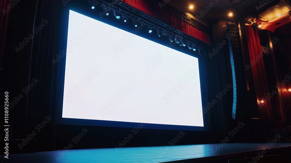 Poster empty stage with a large screen in a theater setting