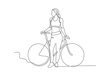 Single continuous line drawing of Woman resting sitting on her bicycle in the park. Dynamic single line draw design graphic vector illustration.
