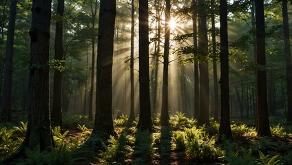 Obraz premium Sunlight streaming through forest trees.