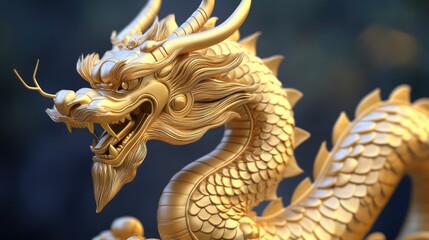Fototapeta premium Majestic Golden Dragon Sculpture with Intricate Details and Design