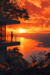 A serene sunset view from a balcony, with a silhouette of a person overlooking a tranquil lake surrounded by lush trees and vibrant skies.