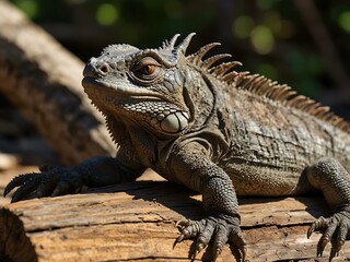 Obraz premium Sunlit iguana resting on wood.