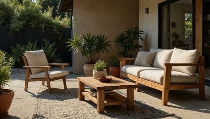 Obraz premium Sunlit living space with wooden furniture and plants.