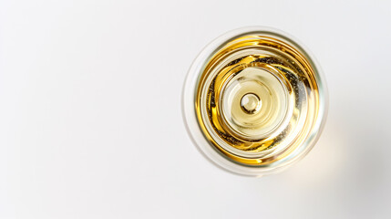 White Wine Glass: Glass with white wine isolated on a white background, top view, highlighting the clarity and elegance of the wine.
