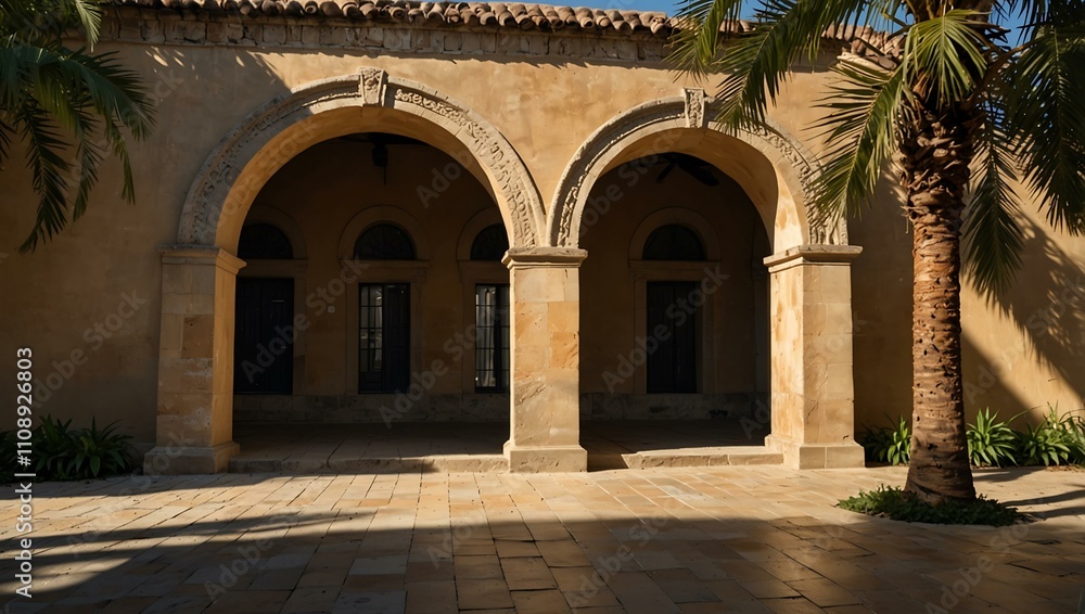 Poster sunlit square with stone arch and palm tree shadows.