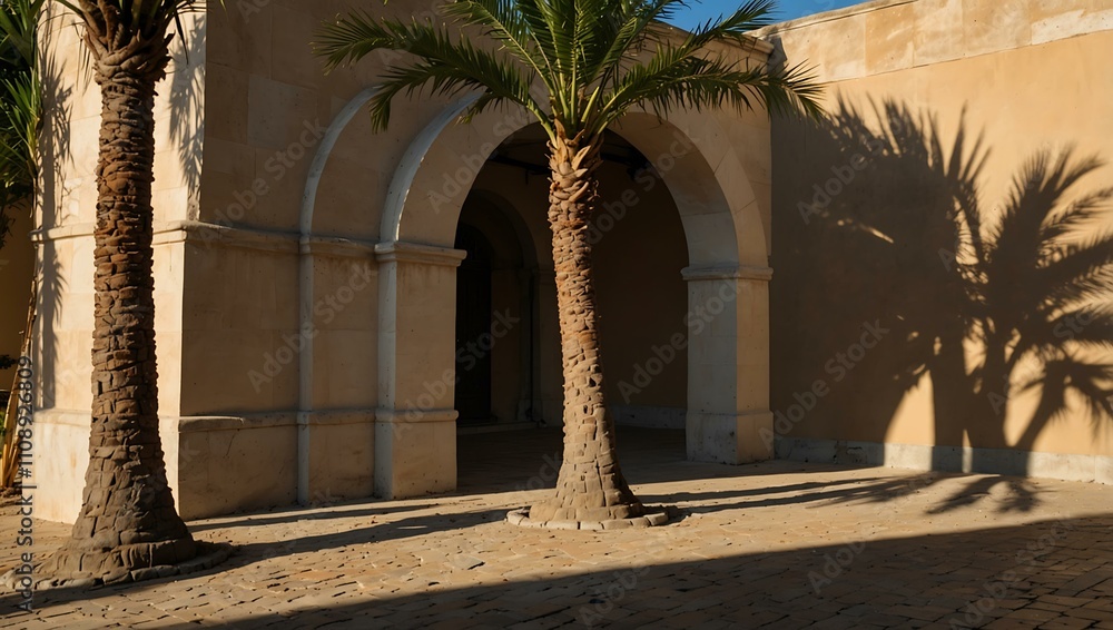 Poster sunlit square with stone arch and palm tree shadows.