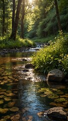 Obraz premium Sunlit stream flowing through a lush forest with wildflowers on the banks.