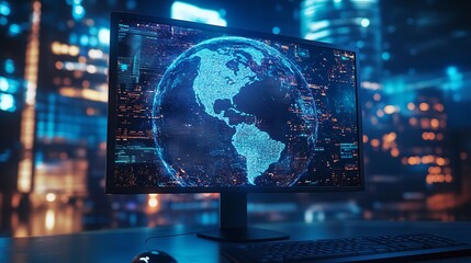 Obraz premium Global World and Monitor Screen Low Poly Blue 8K Realistic