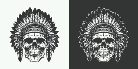 Skull heam human anatomy portrait with indian native american chief feathers decoration шддгыекфешщт