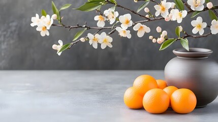 Traditional Chinese New Year theme with prosperity symbols like oranges and ingots on a festive card