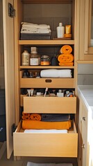 Organized wooden bathroom cabinet with neatly arranged towels and toiletries.