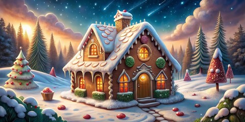 Winter Wonderland Whimsy Enchanting Sunset Scene of a Gingerbread House in Snowy Forest - Festive and Magical Composition with Sugary Details