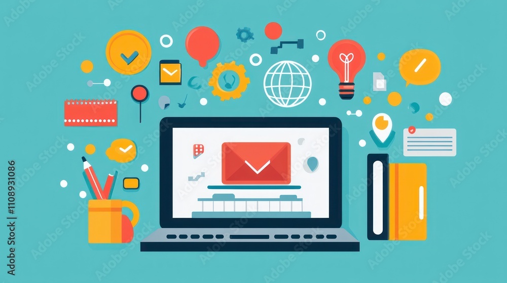 Poster digital workspace with email and productivity icons