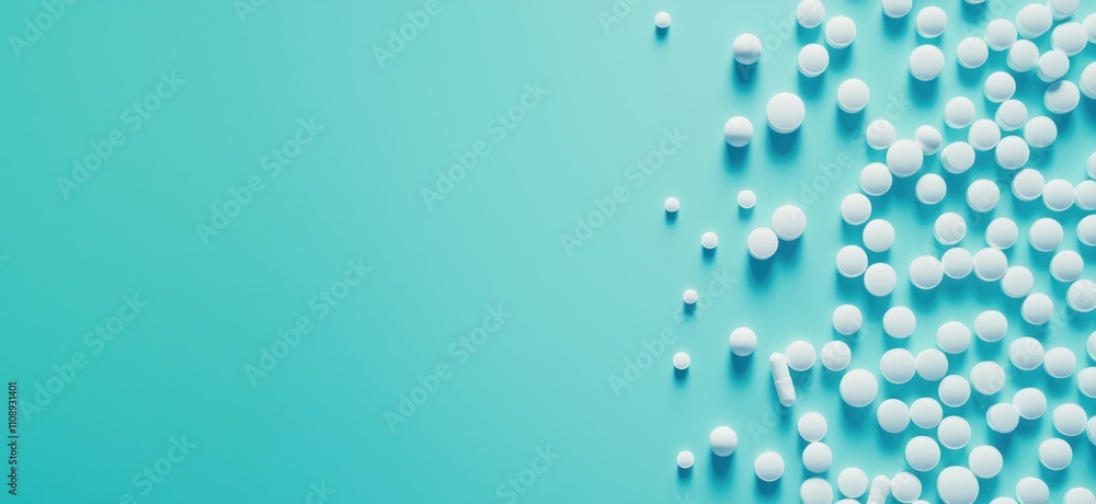 Poster white pills scattered on turquoise background, various sizes and shapes, creating a visually appeali