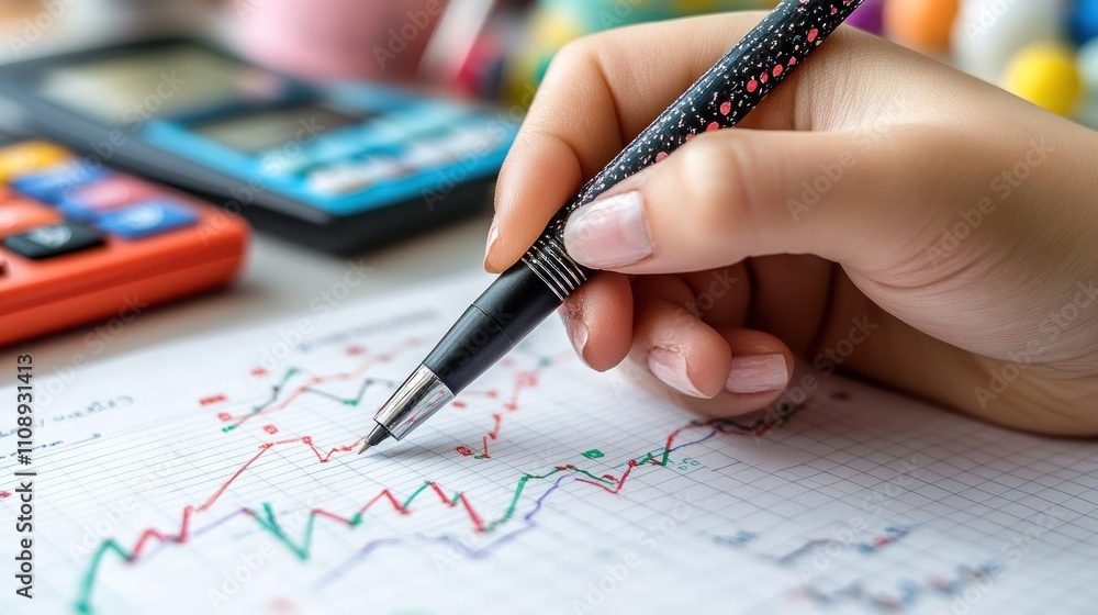 Poster analyzing financial data: a close-up of a hand tracing stock market trends on a graph with a pen