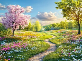 Naklejka premium A serene landscape with blooming trees and a winding path through colorful wildflowers.