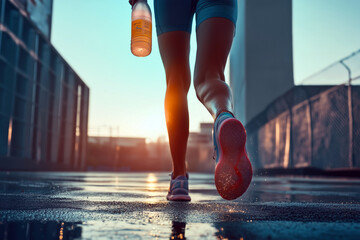 Naklejka premium A sporty, outdoor setting with a runner holding a water bottle filled with an electrolyte drink.