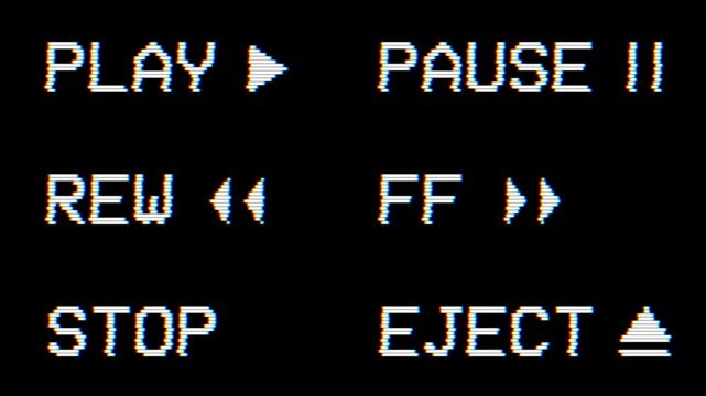 6 VHS Playback Elements with Screen Distortion Noise - Play, Pause Rewind Fastforward Stop Eject