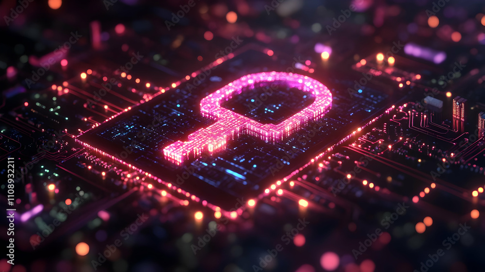 Aufkleber digital key illuminates circuit board's secrets, unveiling encryption's mysteries in cybersecurity