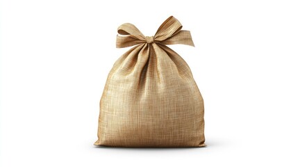 Obraz premium Simple Burlap Bag with Bow Isolated on White Background